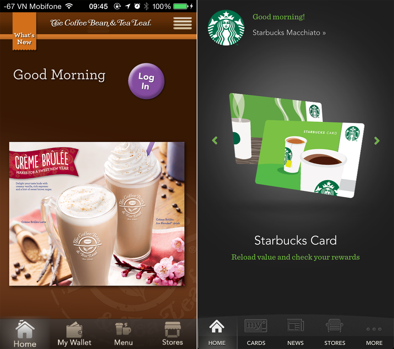 Left: Coffee Bean App. Right: Starbucks App. You must be kidding about that 'Login' button placement!