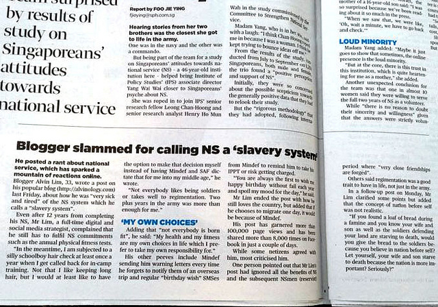 Blogger slammed for calling NS a "slavery system"? - Alvinology