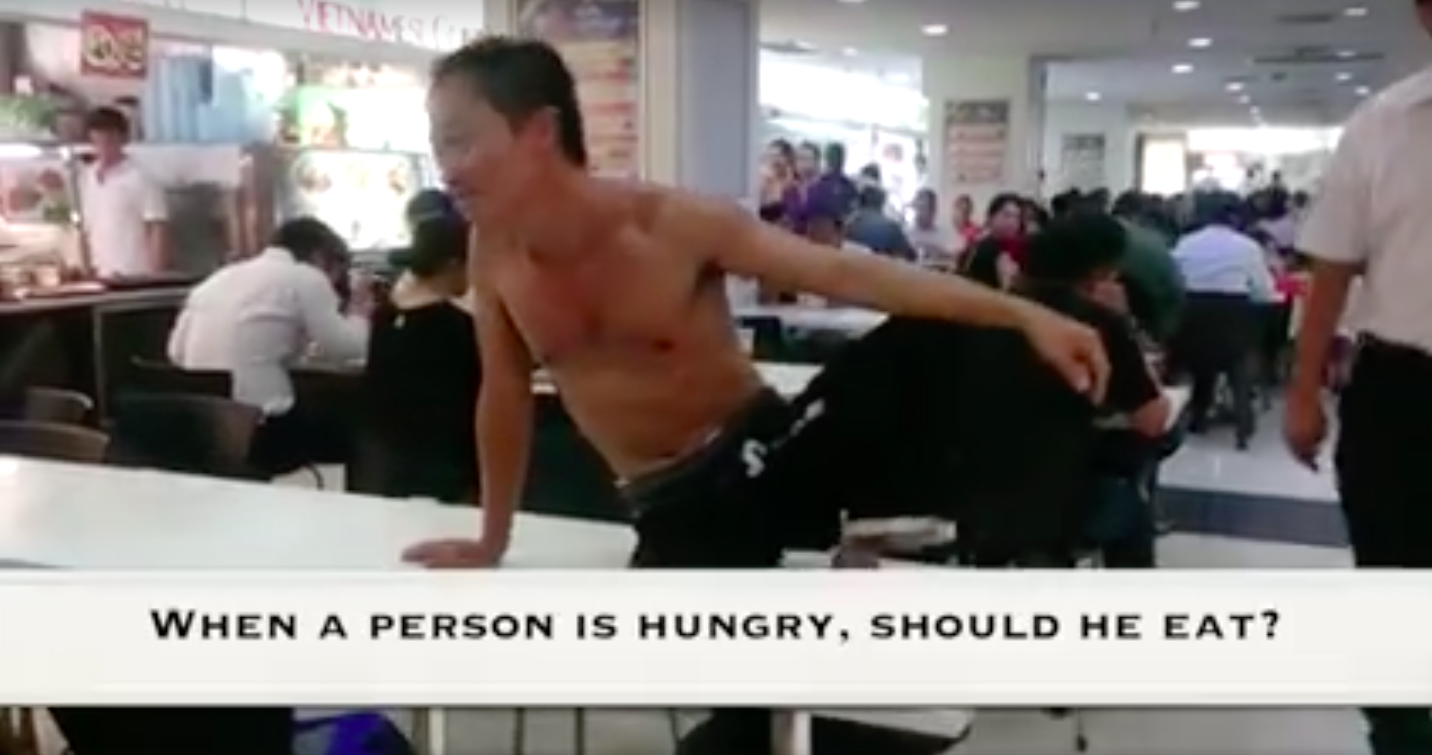 Crazy, artistic, or just hungry? This man took off his shirt, laid down on a table in Sim Lim Square and questioned "Why do we have to pay money for food?" and got a free meal - Alvinology