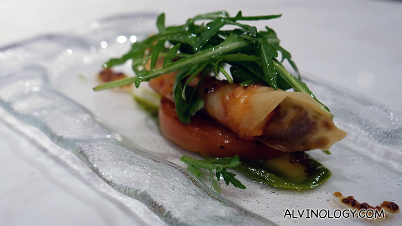 Caramella di Gambero Rosso, pesto di Rucola, Miele alla Senape Crispy “Candy” of Mazara del Vallo red prawns, roasted vine tomatoes Homemade rucola pesto, honey & Pommery mustard dressing