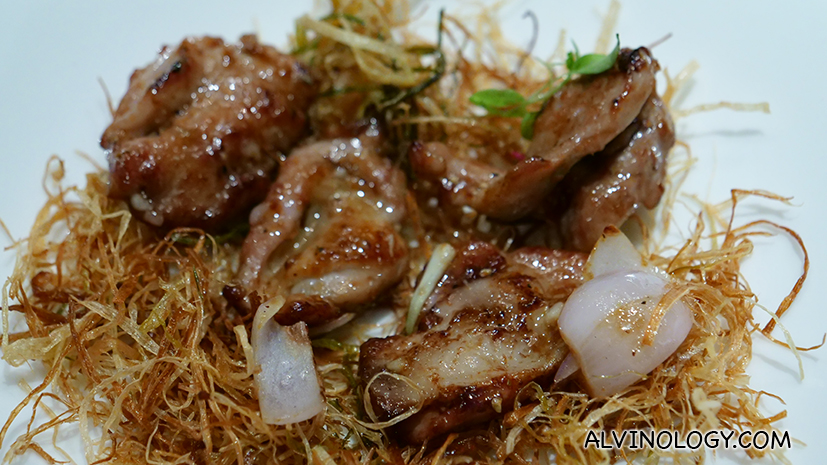 The quail is entirely deboned and presented like a fresh bird on a nest 