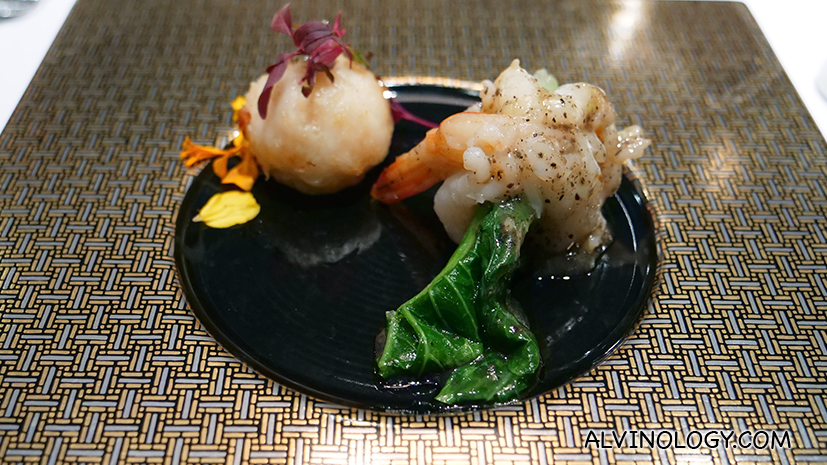 Stir-fried prawn skewered with seasonal vegetables in black truffle accompanied with deep-fried scallop with shrimp paste and Chinese pear