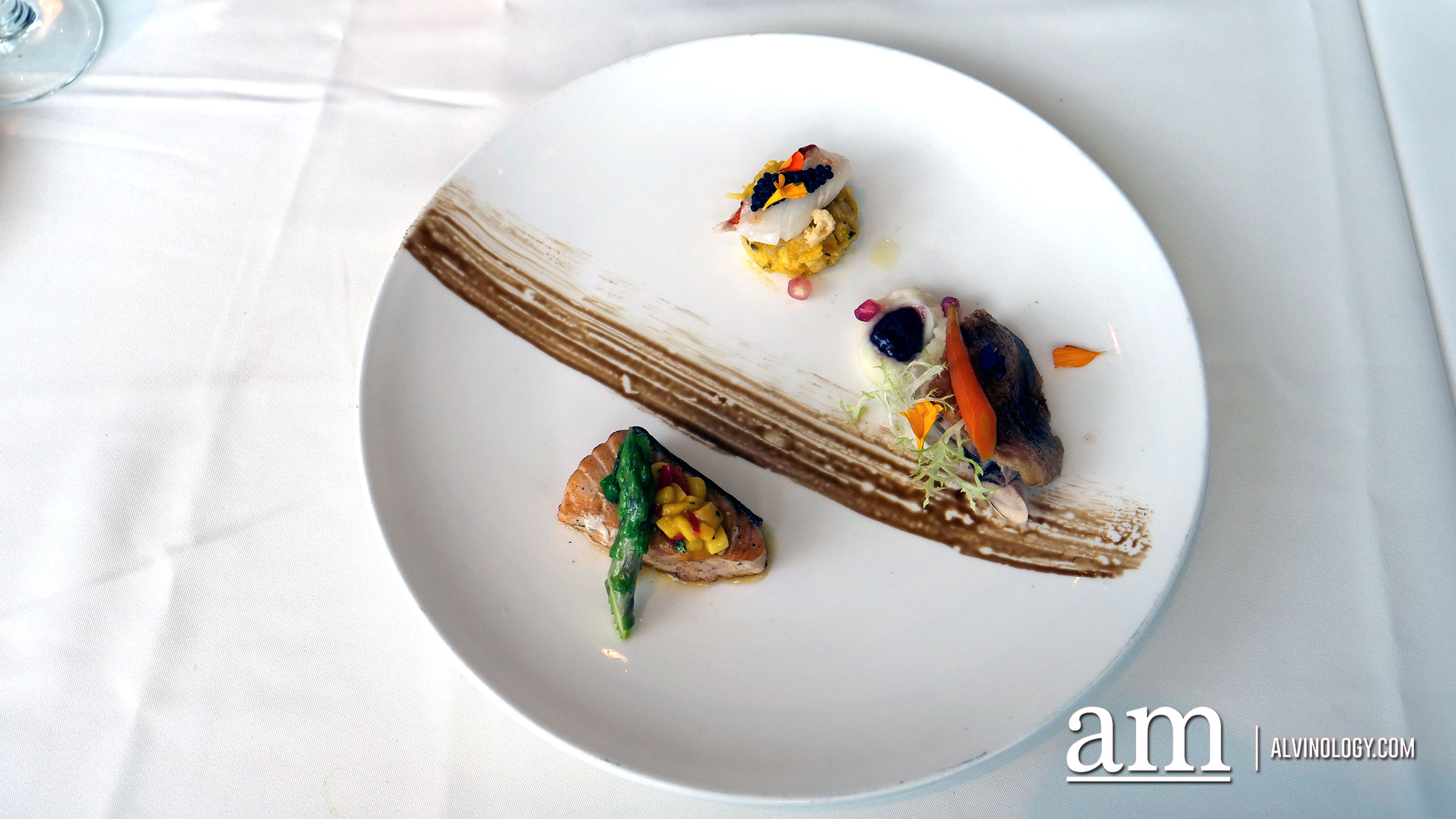 Seafood Duo main course, served with Pumpkin Risotto accompanied with Sauteed Shimeji Mushroom, Buttered Poached Asparagus and Grana Padano Crosini