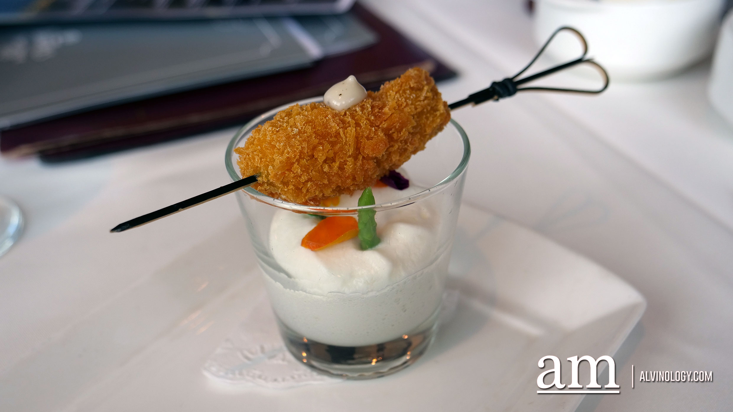 Japanese Fried Oyster served with foamed Yuzu Margarita Espuma, Pencil Asparagus and Edible Flowers