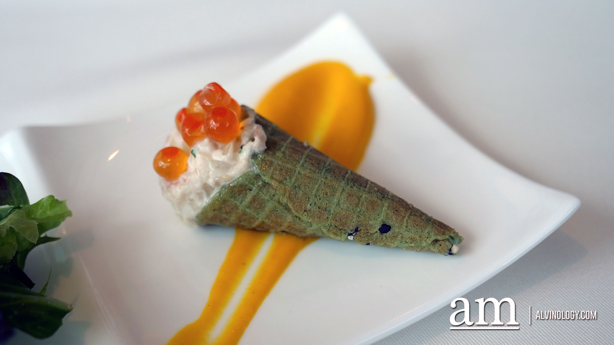 Dungeness Crab Salad with Ikura Stuffed in Basil Pesto Cone