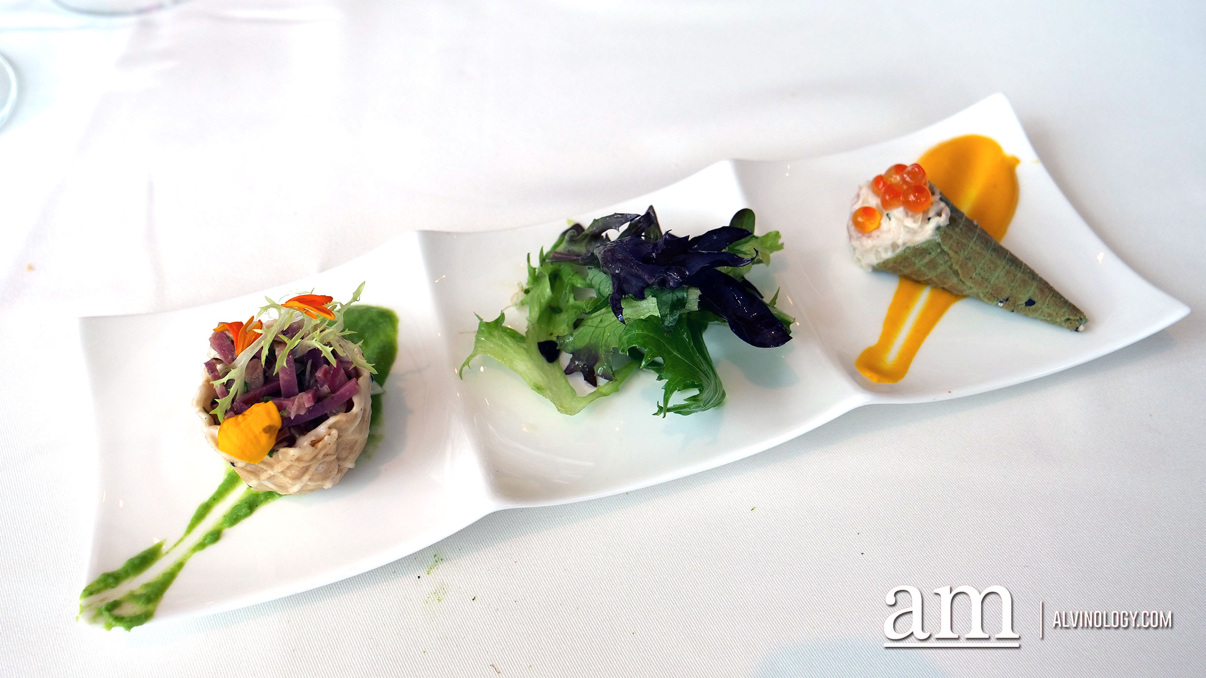 Wagyu Beef Pastrami in Black Sesame Waffles Basket and Dungeness Crab Salad with Ikura Stuffed in Basil Pesto Cone