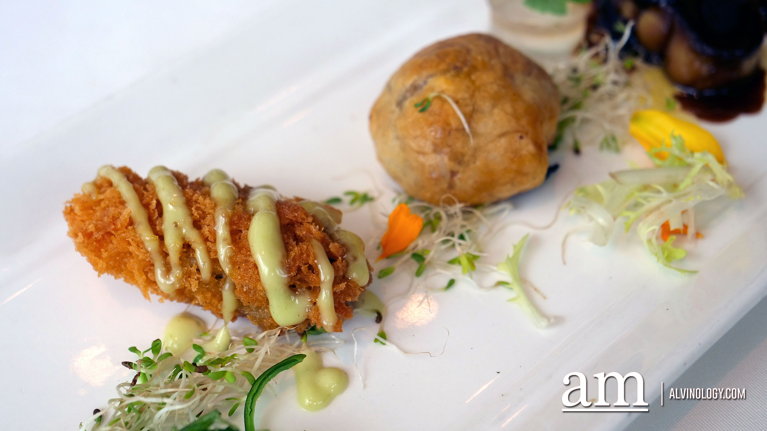 Crunchy Herb Crumbled Oyster with Wasabi Mayo and Wakami Salad, Over Baked Truffle Wagyu Beef Pithivers