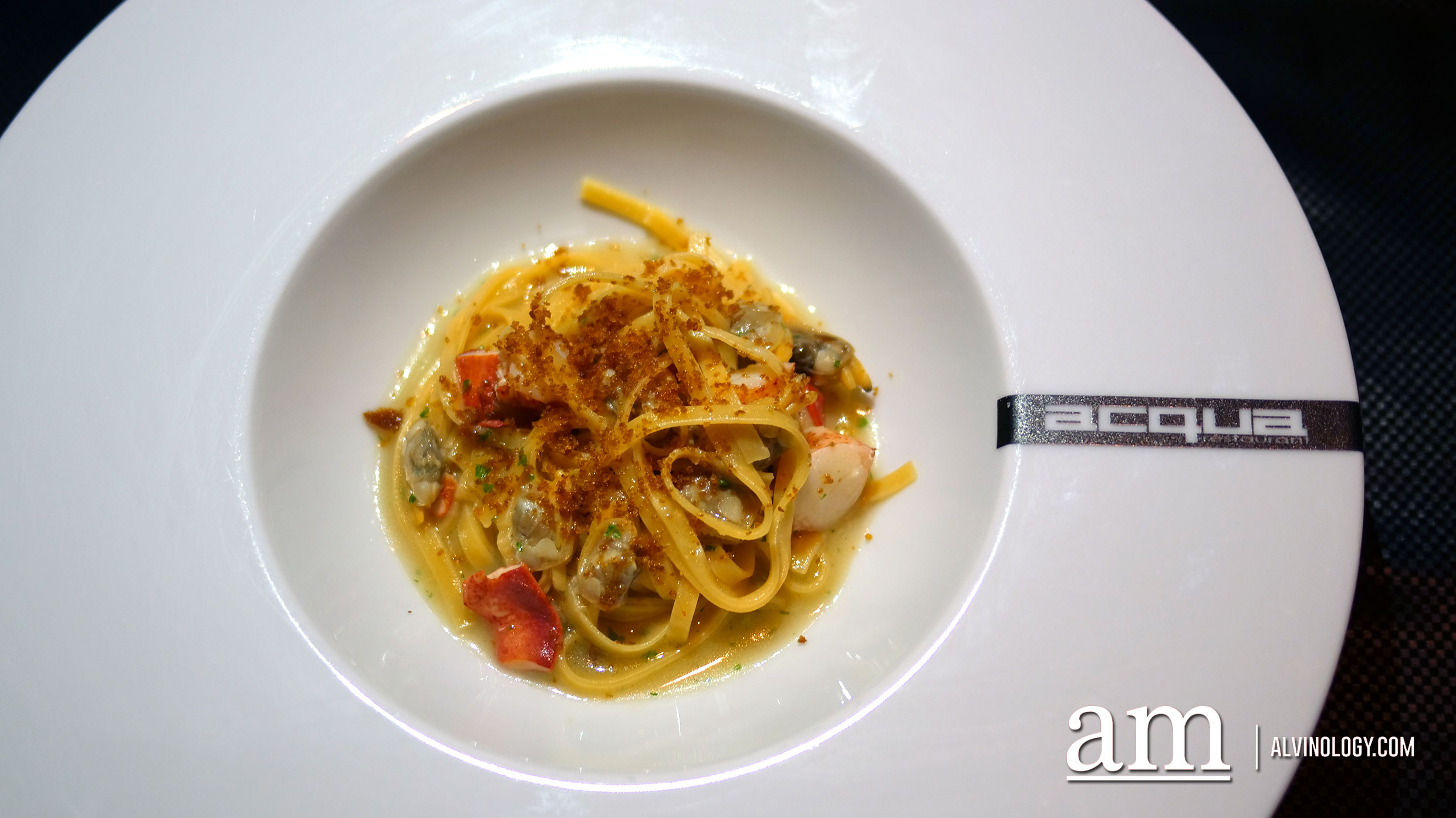Homemade Trenette pasta with vongole, Maine lobster and bottarga 