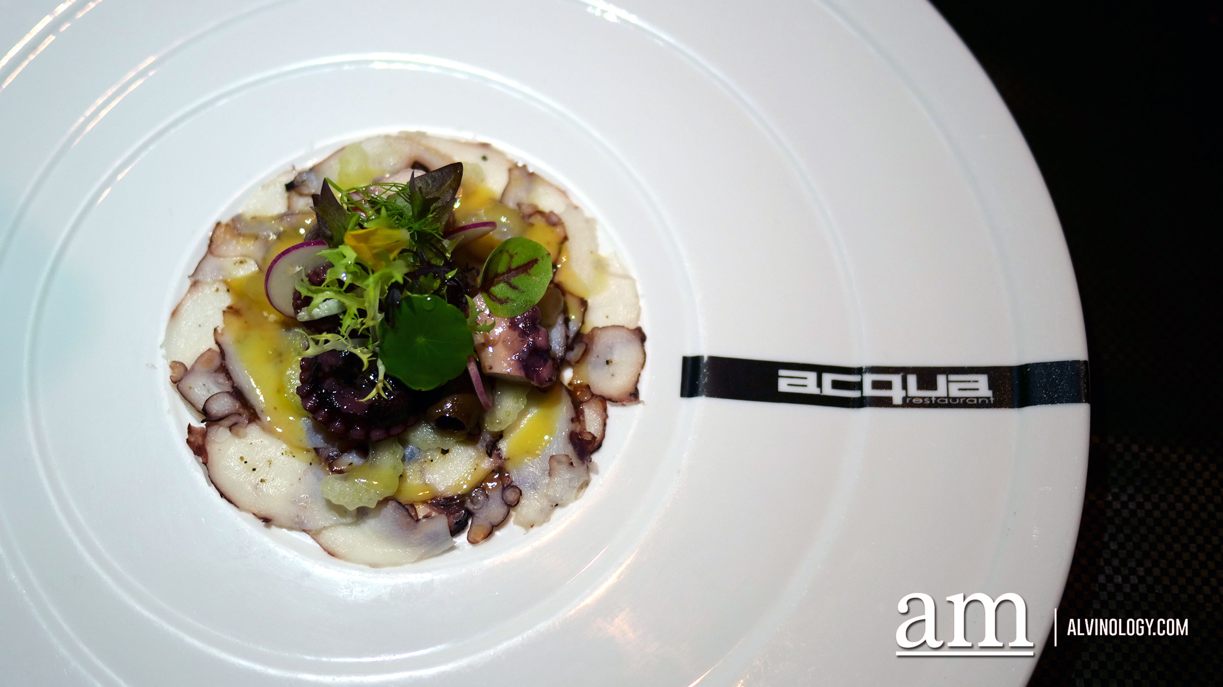 Sous vide cooked Octopus salad, marinated in extra virgin olive oil, lemon and vinegar, fennel leaves, celery and Taggiasche olives DOP 