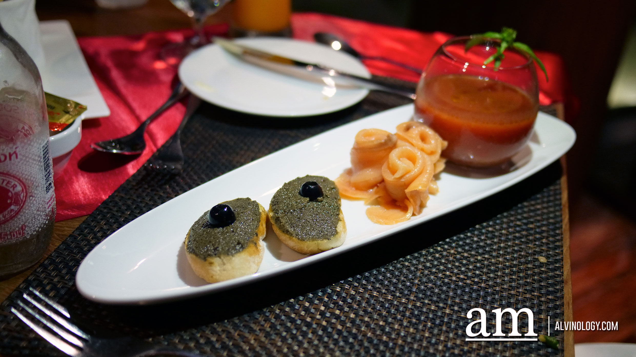 Andalusian chilled gazpacho soup with Kalamata olives Tapenade Bruschetta