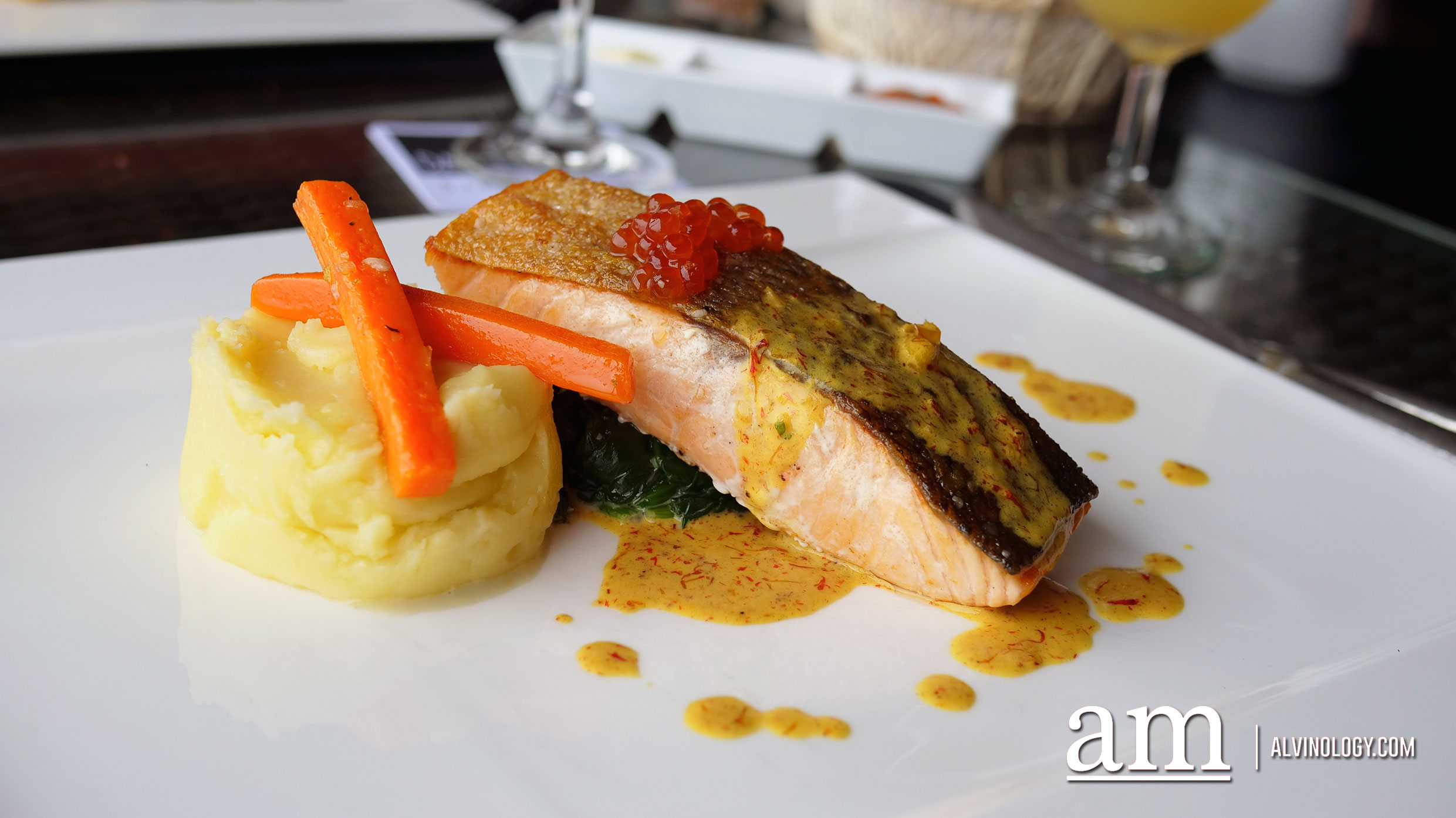 Tasmanian Salmon with Saffron Vellutata, Spinach and Mashed Potatoes