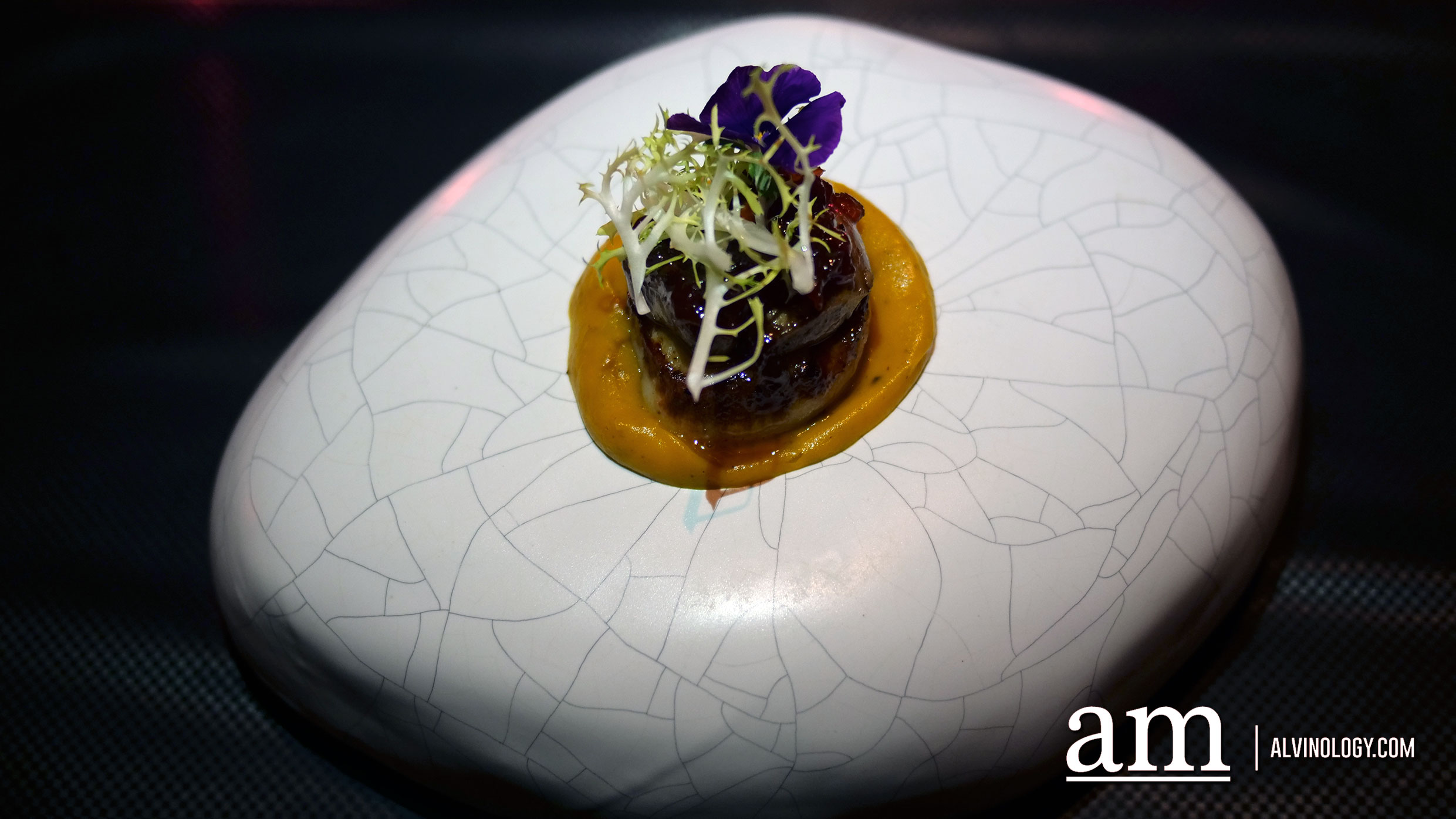 Pan fried USA scallops with Foie Gras, chilly jam and truffle pumpkin sauce