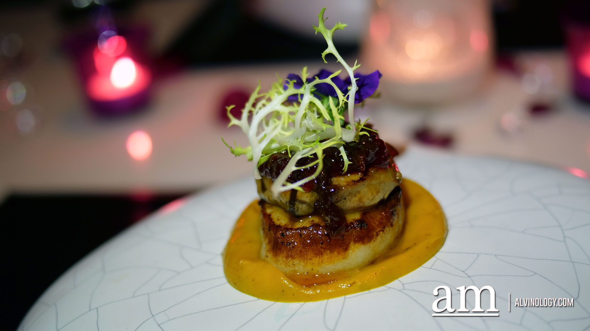Pan fried USA scallops with Foie Gras, chilly jam and truffle pumpkin sauce