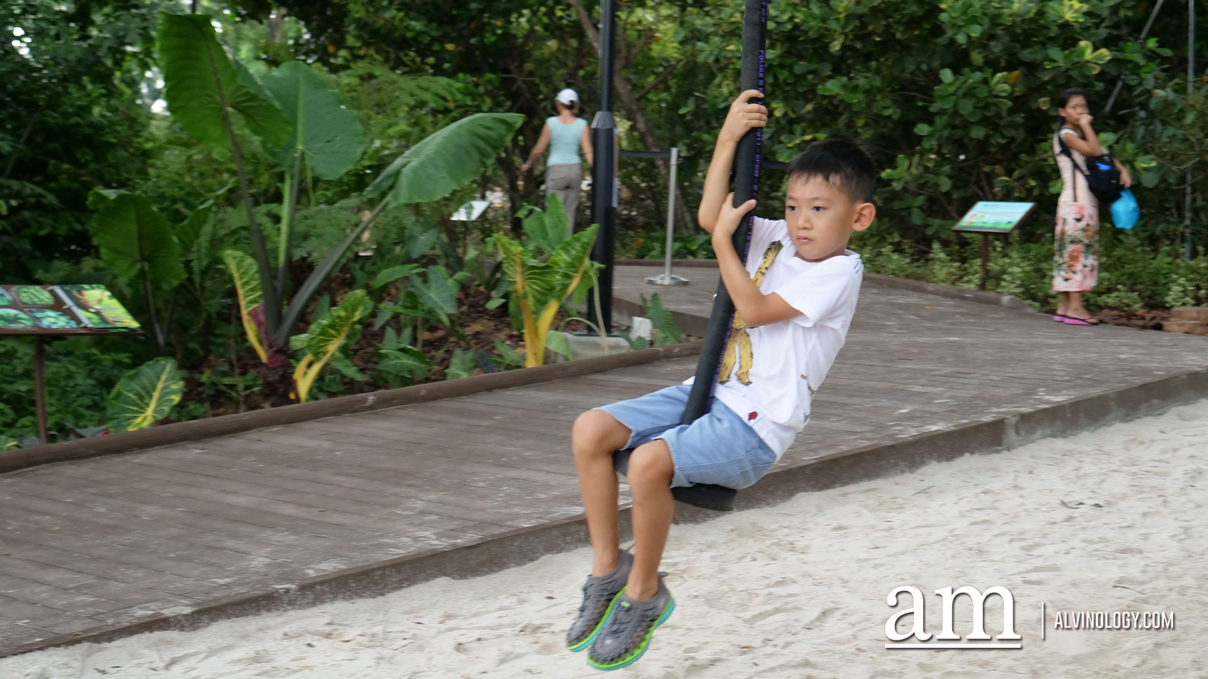 Jacob Ballas Children's Garden - Largest Children's Garden in Asia Asher swinging down on the flying fox