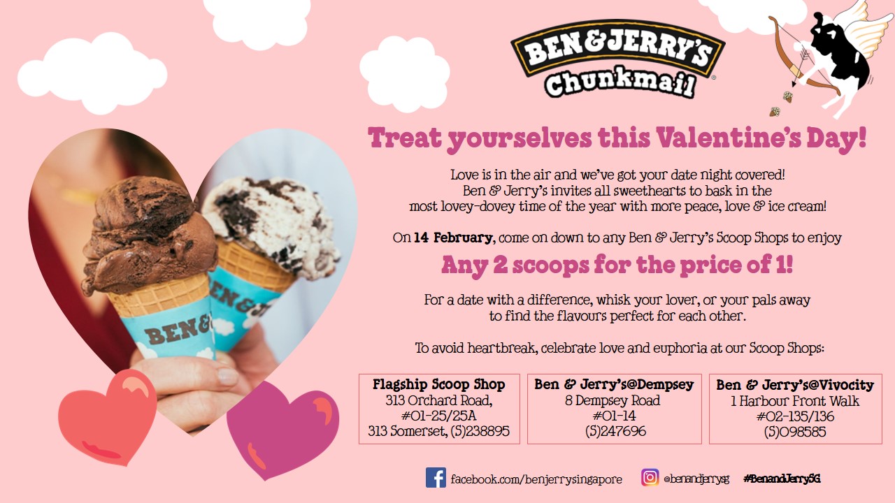 Ben & Jerry's buy 1 take 1 at all scoop shops happens on Valentine's Day - Alvinology