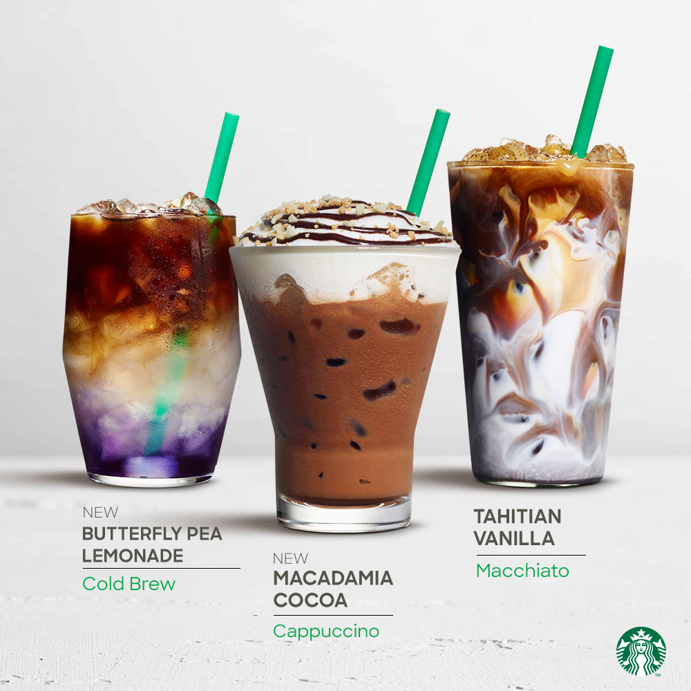 Starbucks new drinks include Butterfly Pea Lemonade Cold Brew, Macadamia Cocoa Cappuccino and returning Tahitian Vanilla Macchiato. - Alvinology