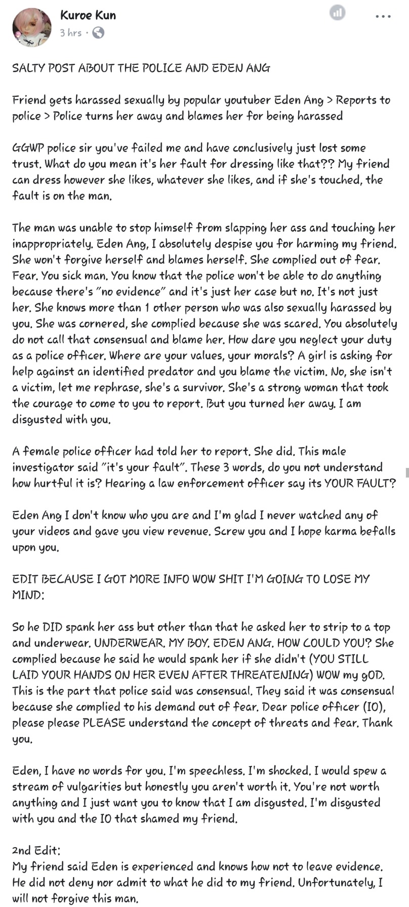 Cosplayer accuses Eden Ang of alleged sexual harassment - Alvinology