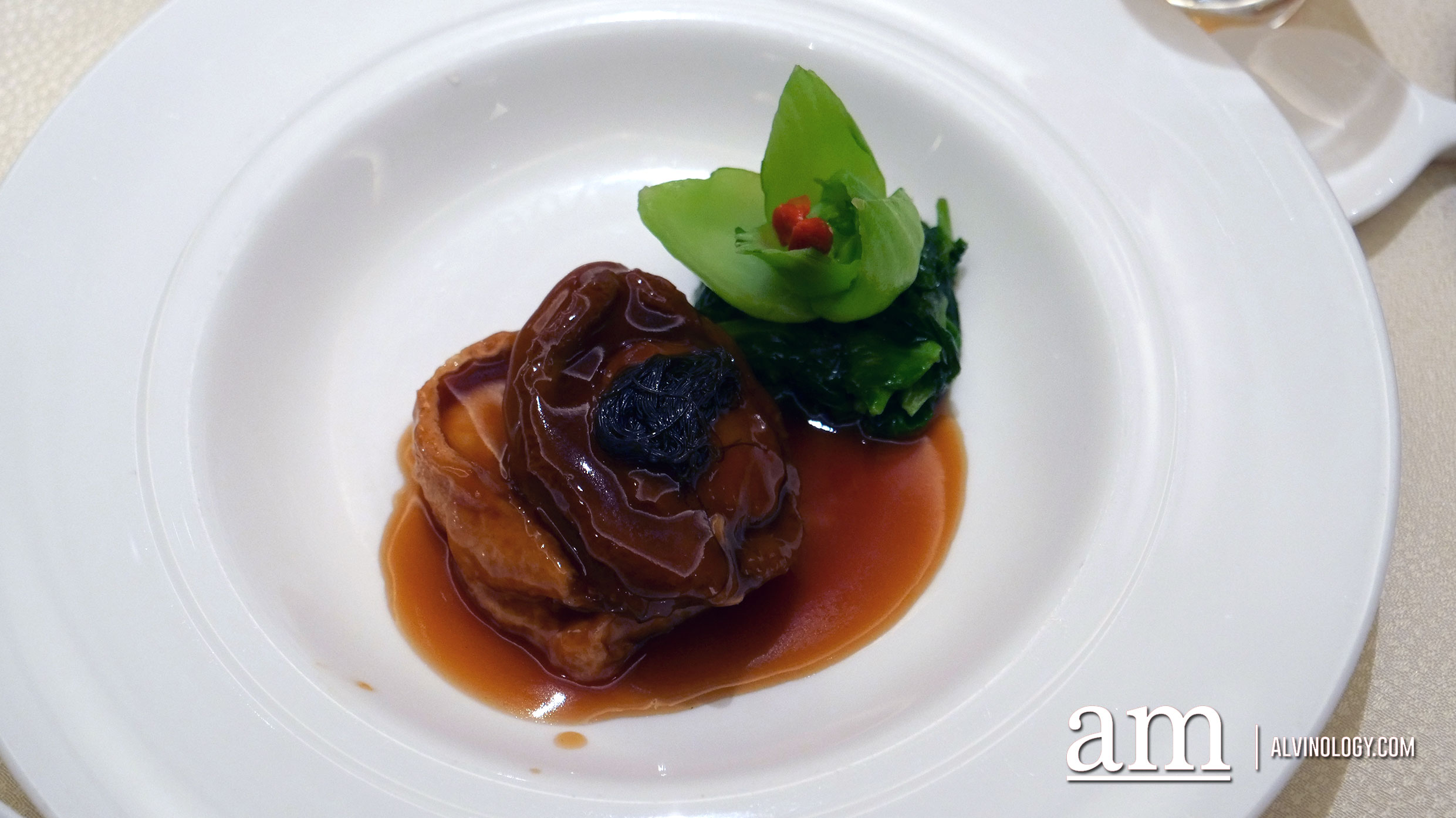Braised Australian Abalone in Japanese Beancurd with Black Moss, Chinese Mushroom and Seasonal Vegetables