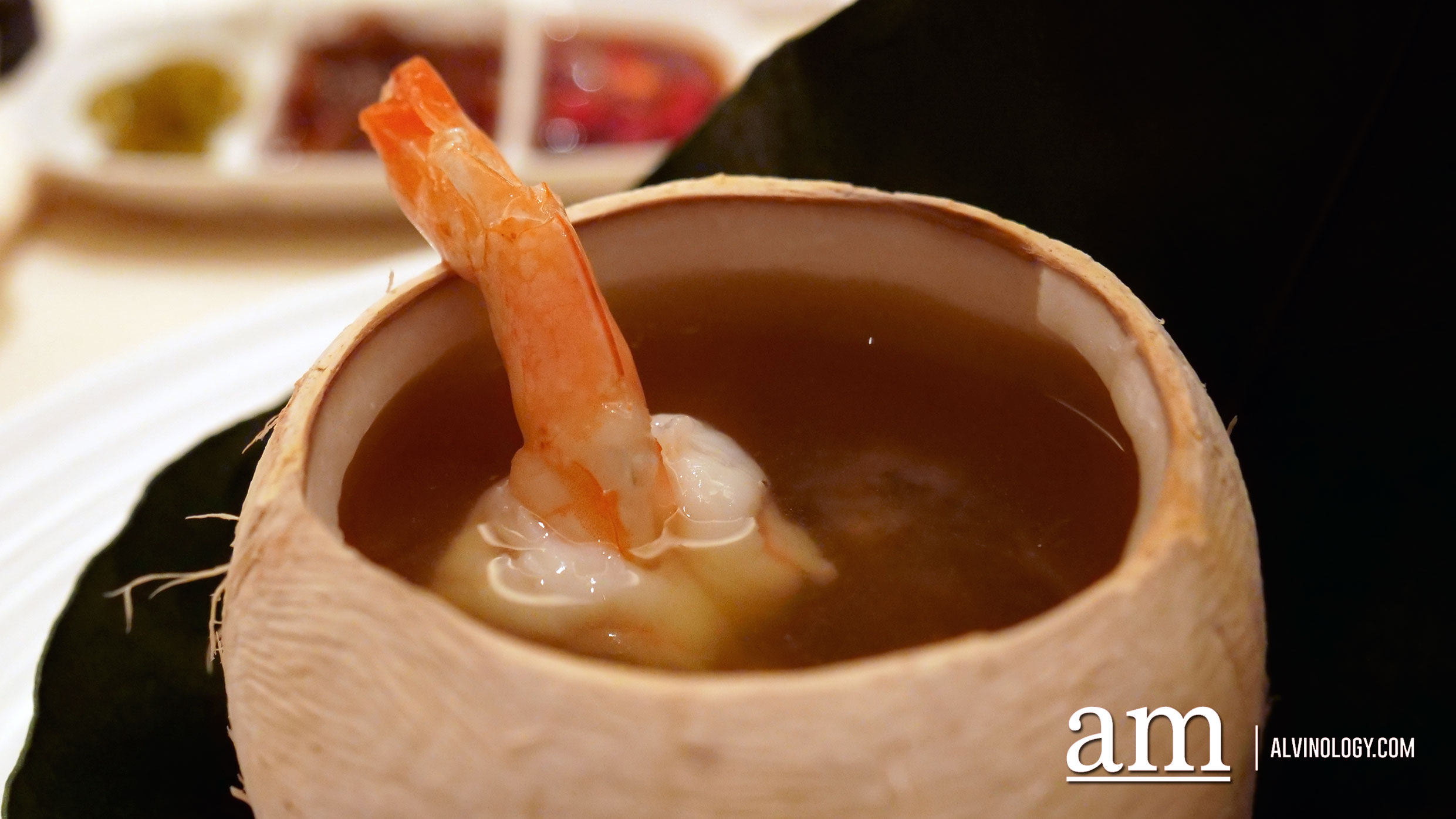 Double-boiled Cordyceps Flower Soup with New-Caledonia Obsiblue Prawn and Black Chicken in Whole Young Coconut