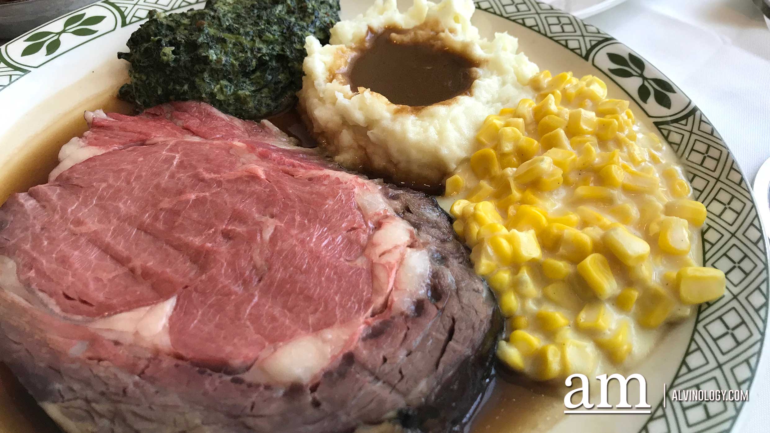 Let The Romance Begin - Signature roasted USDA prime rib of beef, 180 grams roasted prime rib of beef carved and served with US Idaho mashed potatoes, Yorkshire pudding, whipped cream horseradish, with a choice of creamed corn, creamed spinach or buttered peas