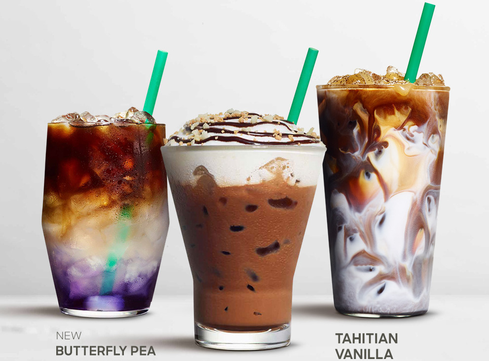 Starbucks new drinks include Butterfly Pea Lemonade Cold Brew, Macadamia Cocoa Cappuccino and returning Tahitian Vanilla Macchiato. - Alvinology