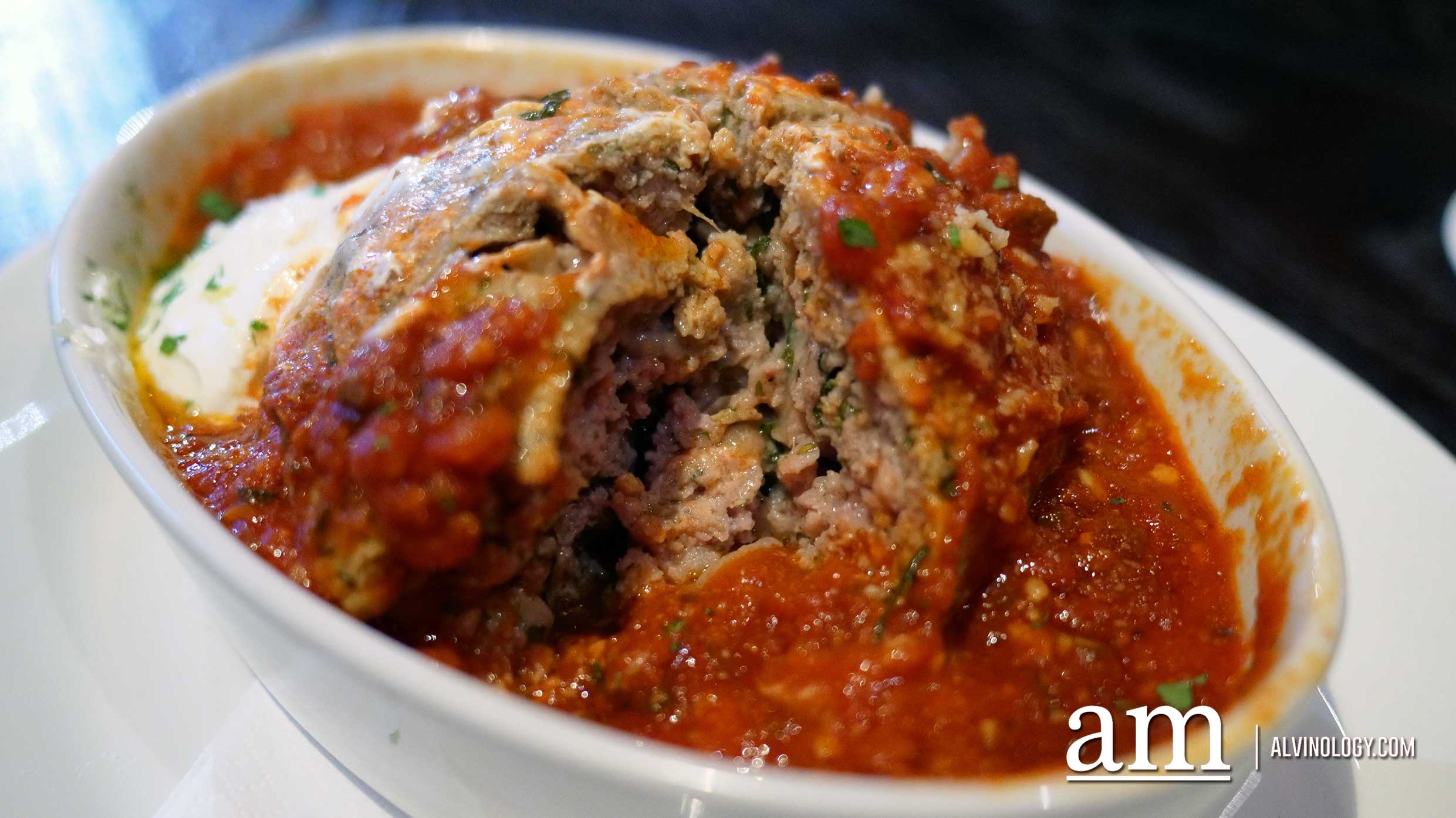 The Meatball - 1lb of Fresh Ground Imperial Wagyu, Veal, Italian Sausage. Served with Fresh Whipped Ricotta (S$38)
