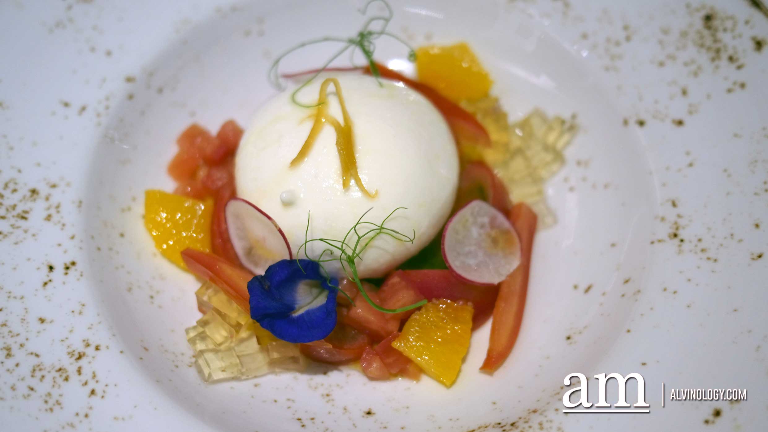 Caffé B is now at Club Street and with a Refreshed Menu - Bigger and Better Burrata Cheese (S$18), Served with Tomato Jelly, Genovese Sauce, sliced Lemon Peels, Extra Virgin Olive Oil, fresh Basil & garnish of edible Flowers