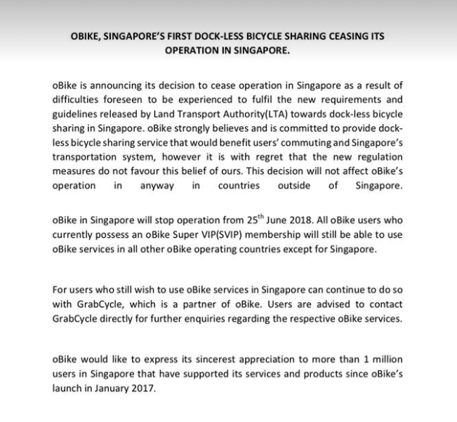 oBike stops operations in Singapore, users having trouble getting $49 refund oBike stops operations in Singapore, users having trouble getting $49 refund - Alvinology