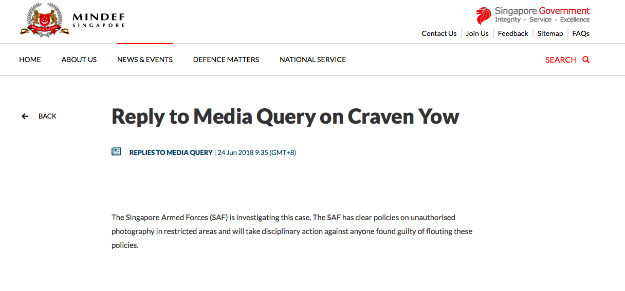 Ministry of Defence responds to complaint about Craven Yow's NS training photos - Alvinology