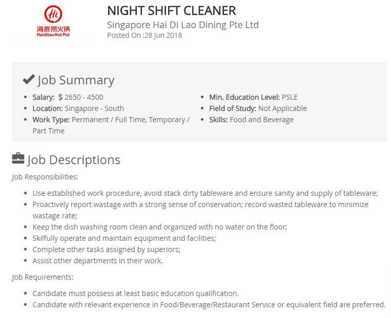 $4500 per month Night cleaner job at Hai Di Lao is kind of great - Alvinology