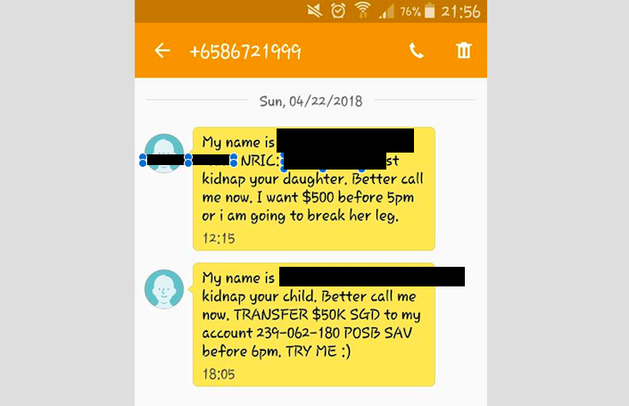 Scammer posts own name and NRIC, threatens to break your daughter's arm if you don't pay in latest text scam - Alvinology