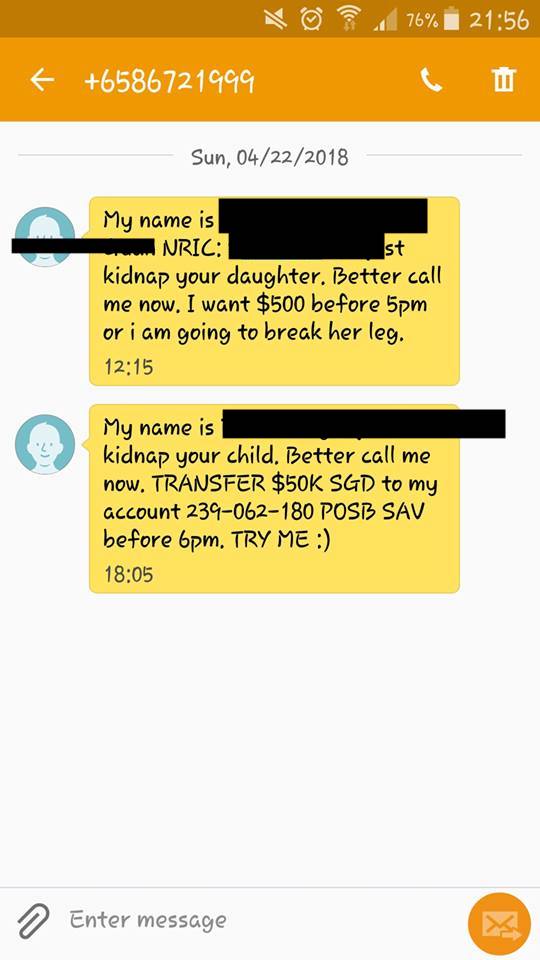 Scammer posts own name and NRIC, threatens to break your daughter's arm if you don't pay in latest text scam - Alvinology