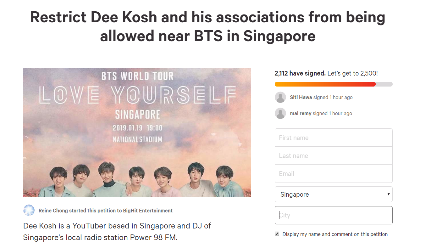 BTS fans want Singaporean YouTuber Dee Kosh banned from Love Yourself concert in January 2019 after he used them in a social experiment - Alvinology