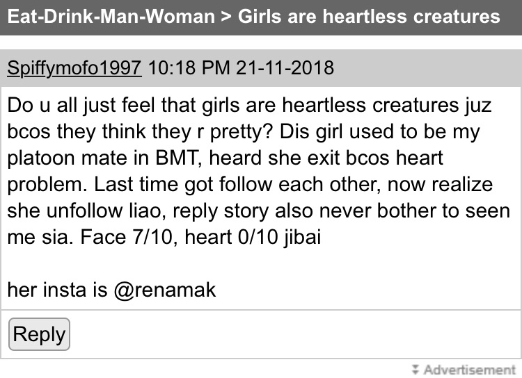 A Singapore guy complains about a girl being a 'heartless creature', got exposed instead as a 'stalker' - Alvinology