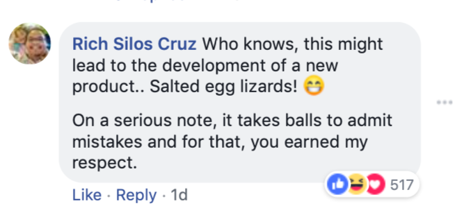 IRVINS Salted Egg apologies for alleged lizard in their product--shows other Singaporean companies how it's done - Alvinology