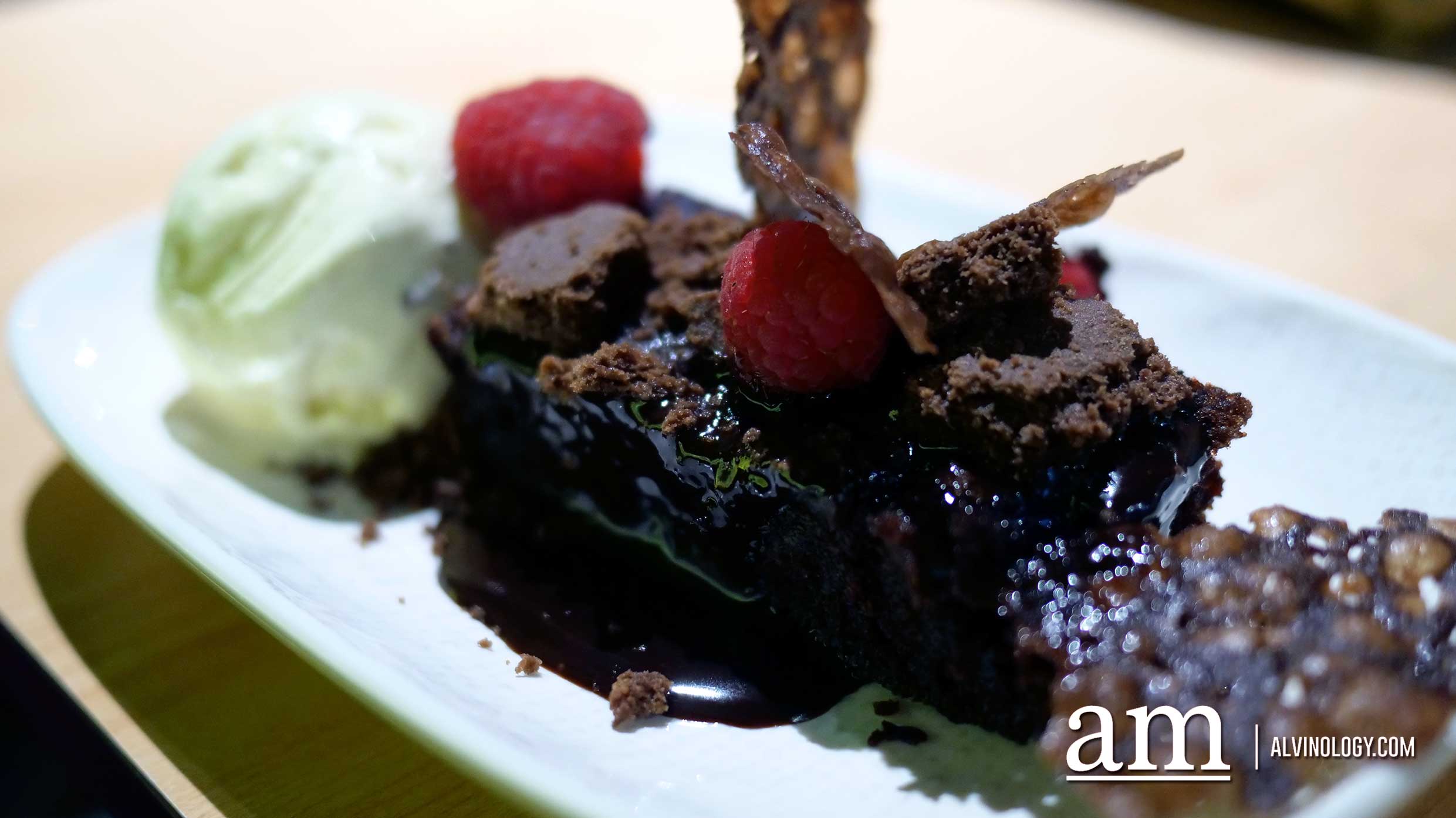 Chocolate Moist Fudge ($9) - moist fudge cake, cocoa crumble, ice cream