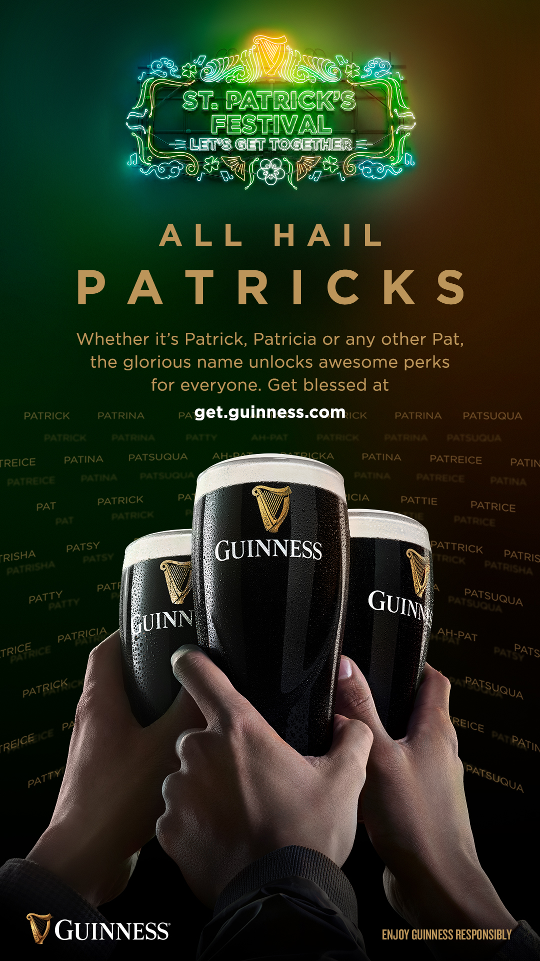 All Hail Patricks! All names starting with “Pat” gets $5 off ever Pint of Guinness and more rewards on St Patrick’s Day All Hail Patricks! All names starting with “Pat” gets $5 off ever Pint of Guinness and more rewards on St Patrick’s Day - Alvinology