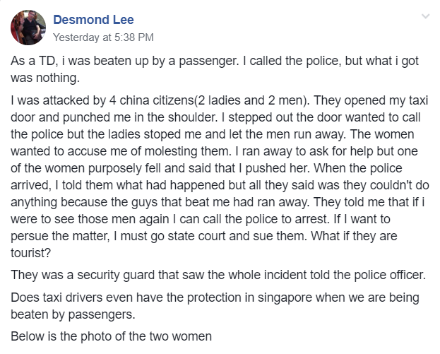 Chinese nationals allegedly beat up taxi driver Desmond Lee, threaten to accuse him of molestation - Alvinology