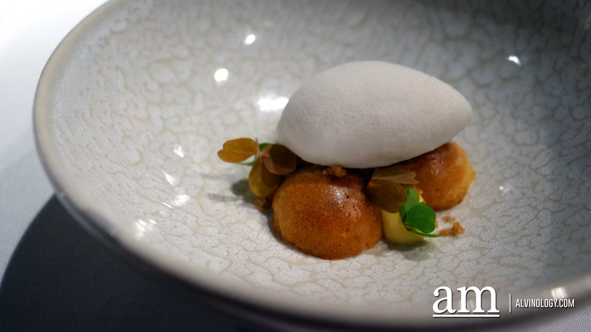 KweiChow MouTai (贵州茅台) X Restaurant Labyrinth Dessert, MOu Tai Baba - orange cream, fresh coconut sorbet, ginger soil and of course, some Kweichow Maotai for the extra punch