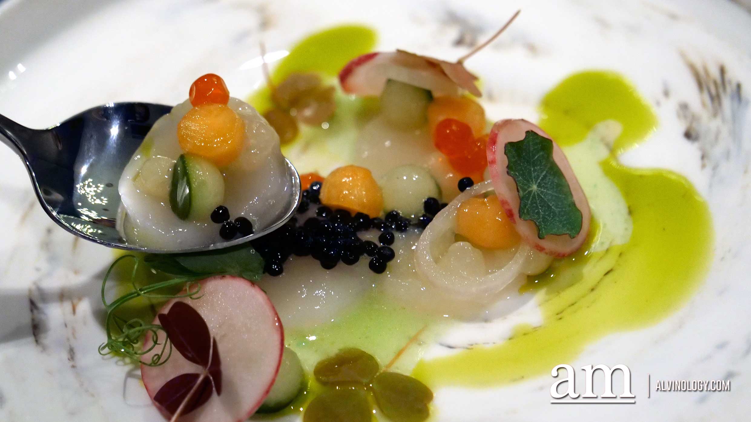 Close-up of the fresh scallop and mix of colourful, all-natural, fresh ingredients