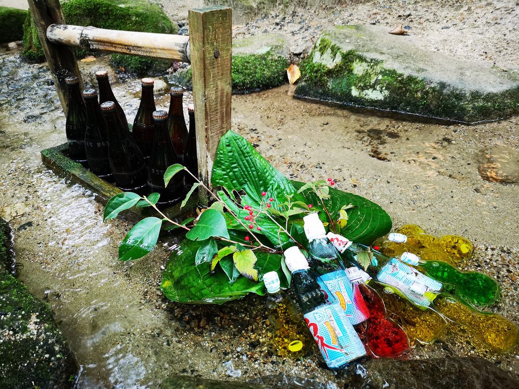 Drinks cooling in the stream.