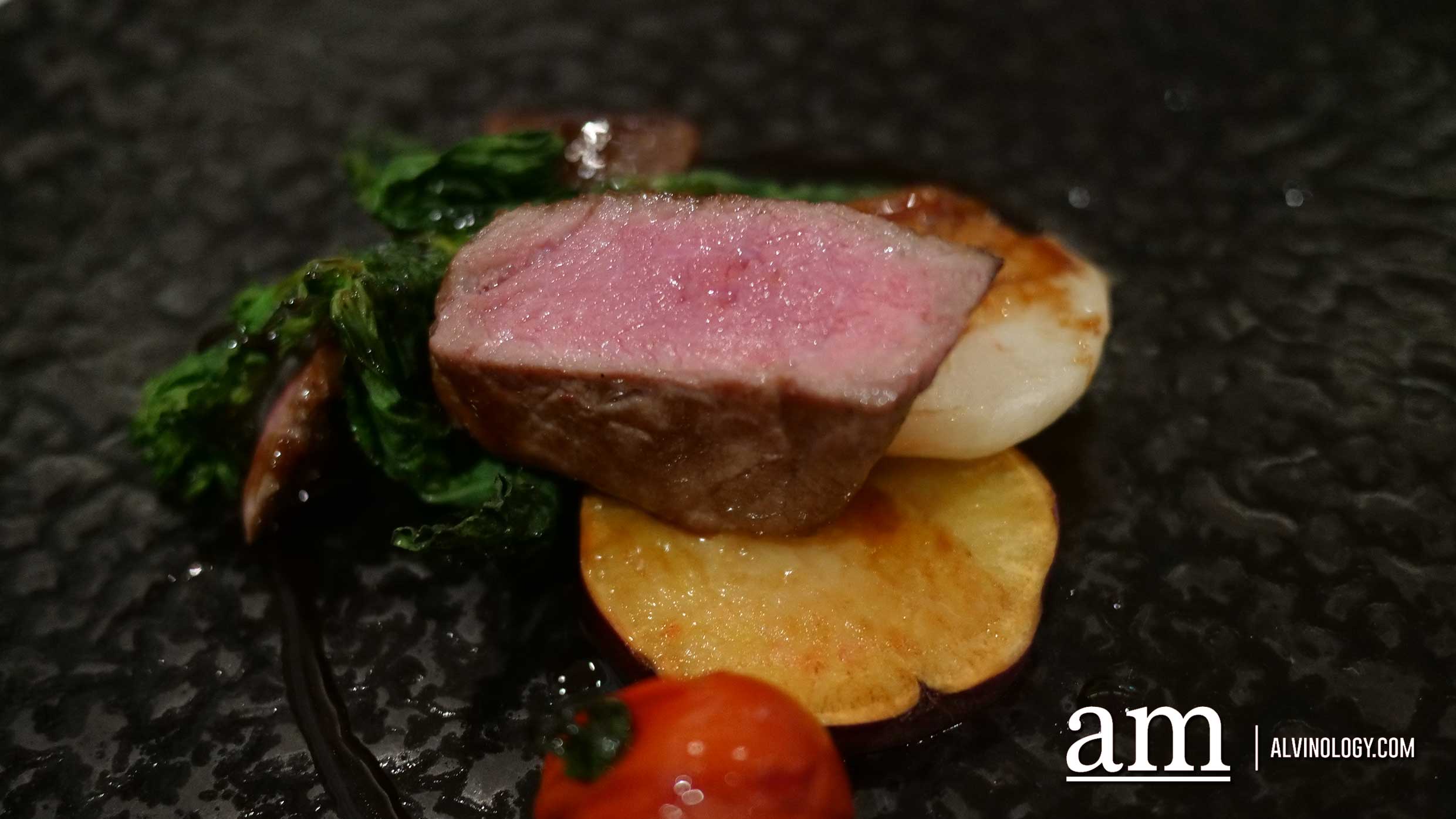 Close-up shot of the beautifully done Angus beef 