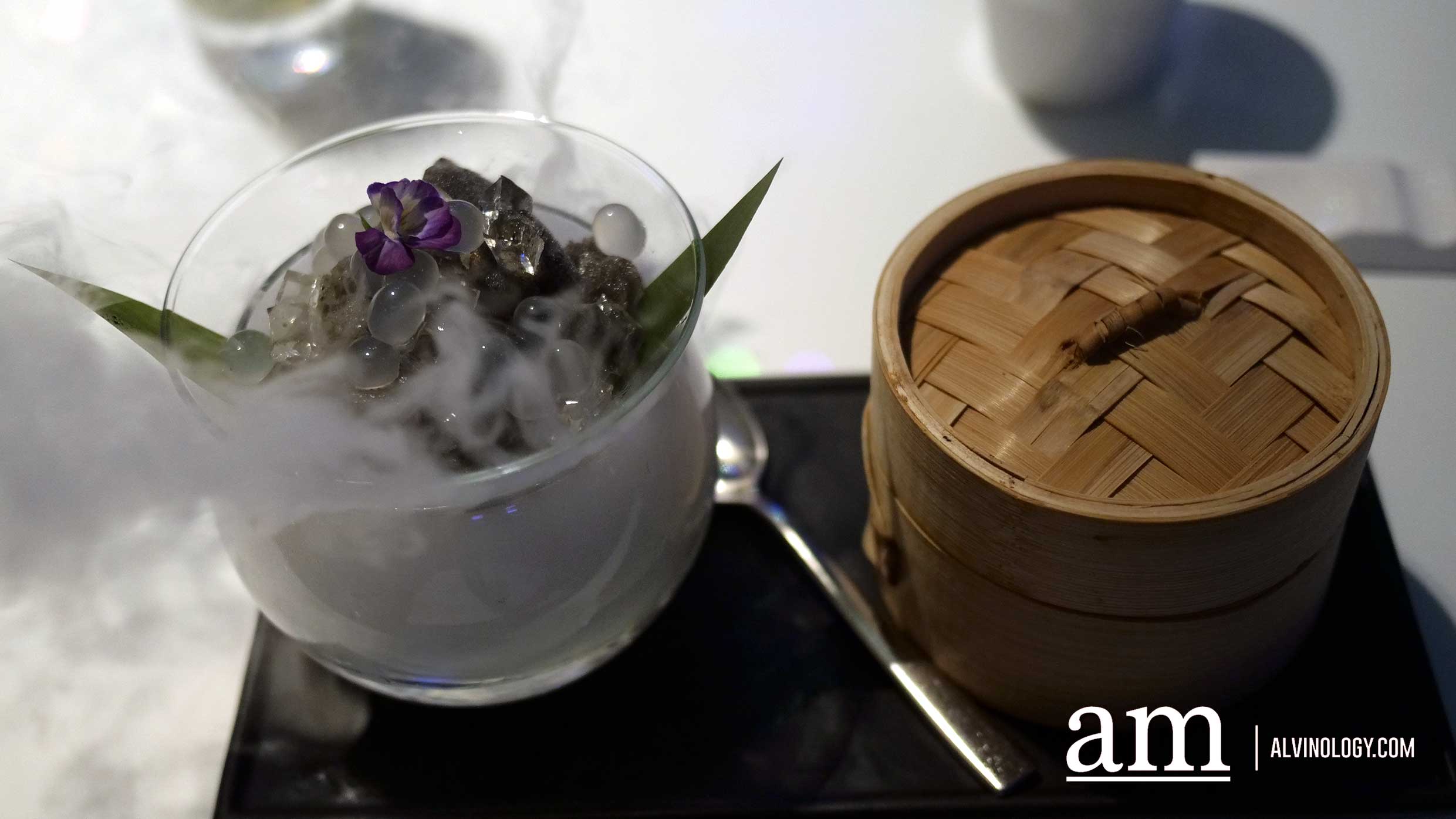 Champagne Jelly with Black Sesame Sorbet served with Honeycomb Cake