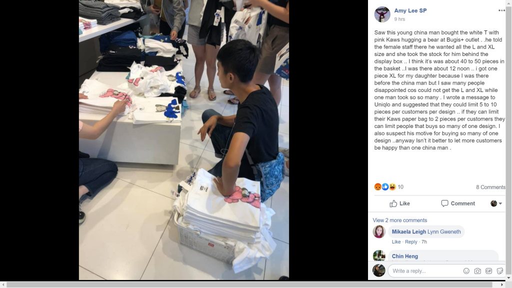 Singaporean shoppers irate over "horrible" Uniqlo x KAWS launch This young man was spotted putting 40 to 50 t-shirts in his shopping basket at the Uniqlo outlet in Bugis+ at 12noon. (Credit: Facebook)
