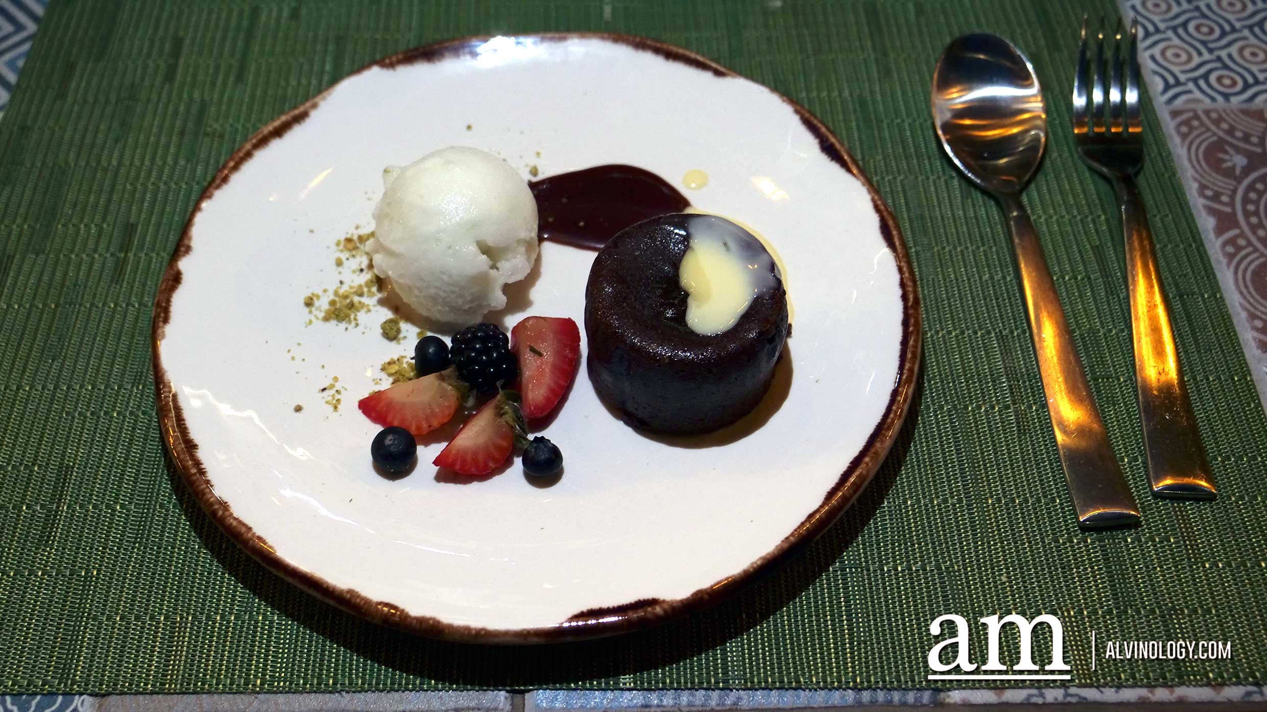 Winestone at Novotel Singapore on Stevens Chocolate Fondant - soft chocolate cake with a rich and creamy chocolate sauce served with a scoop of vanilla ice cream, $14