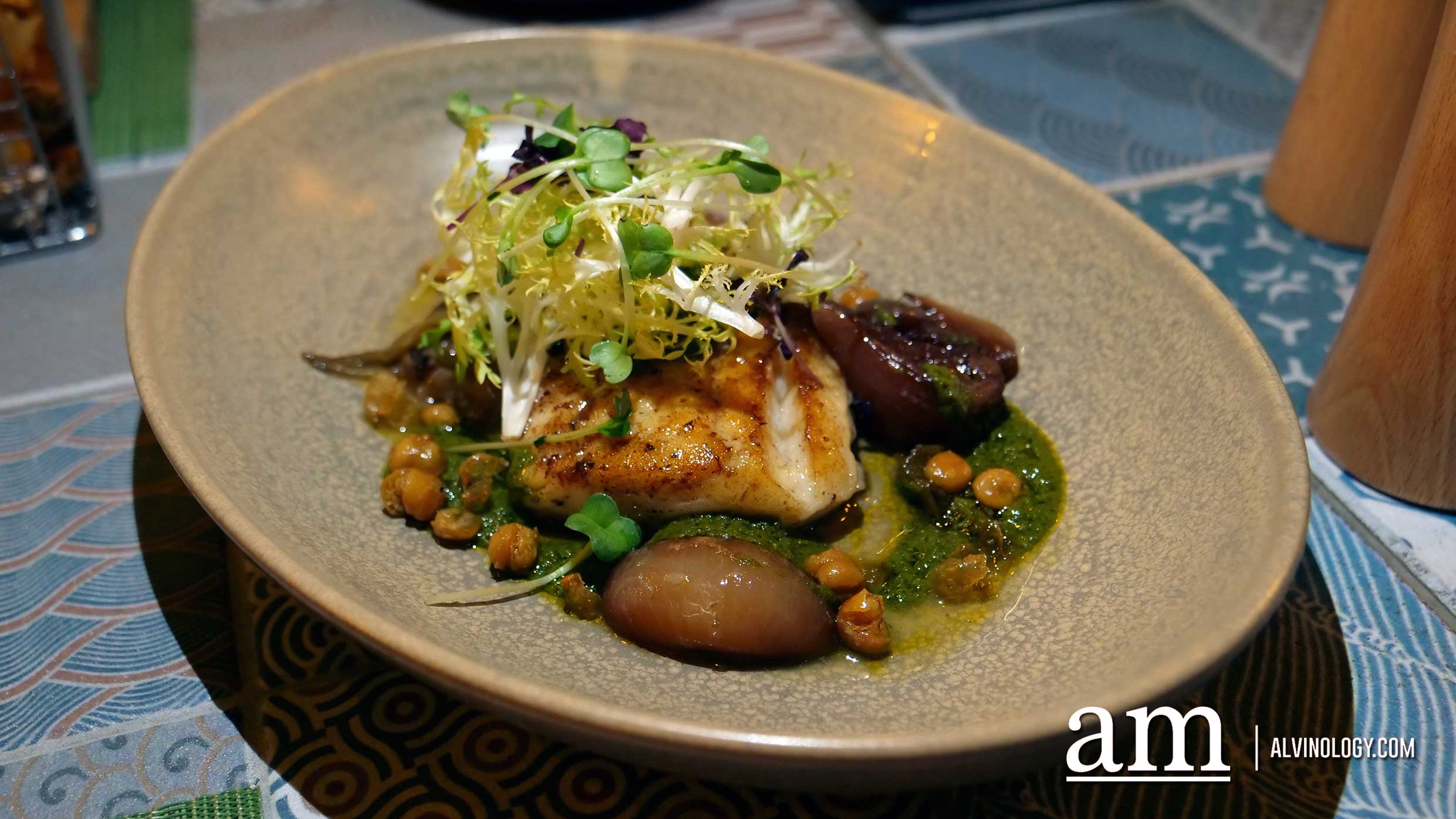 Winestone at Novotel Singapore on Stevens Pan-seared Turbot Fish - golden brown pan-seared turbot fish glazed with balsamic vinegar, served with braised endives, oven-roasted shallots and crispy chickpeas, $32