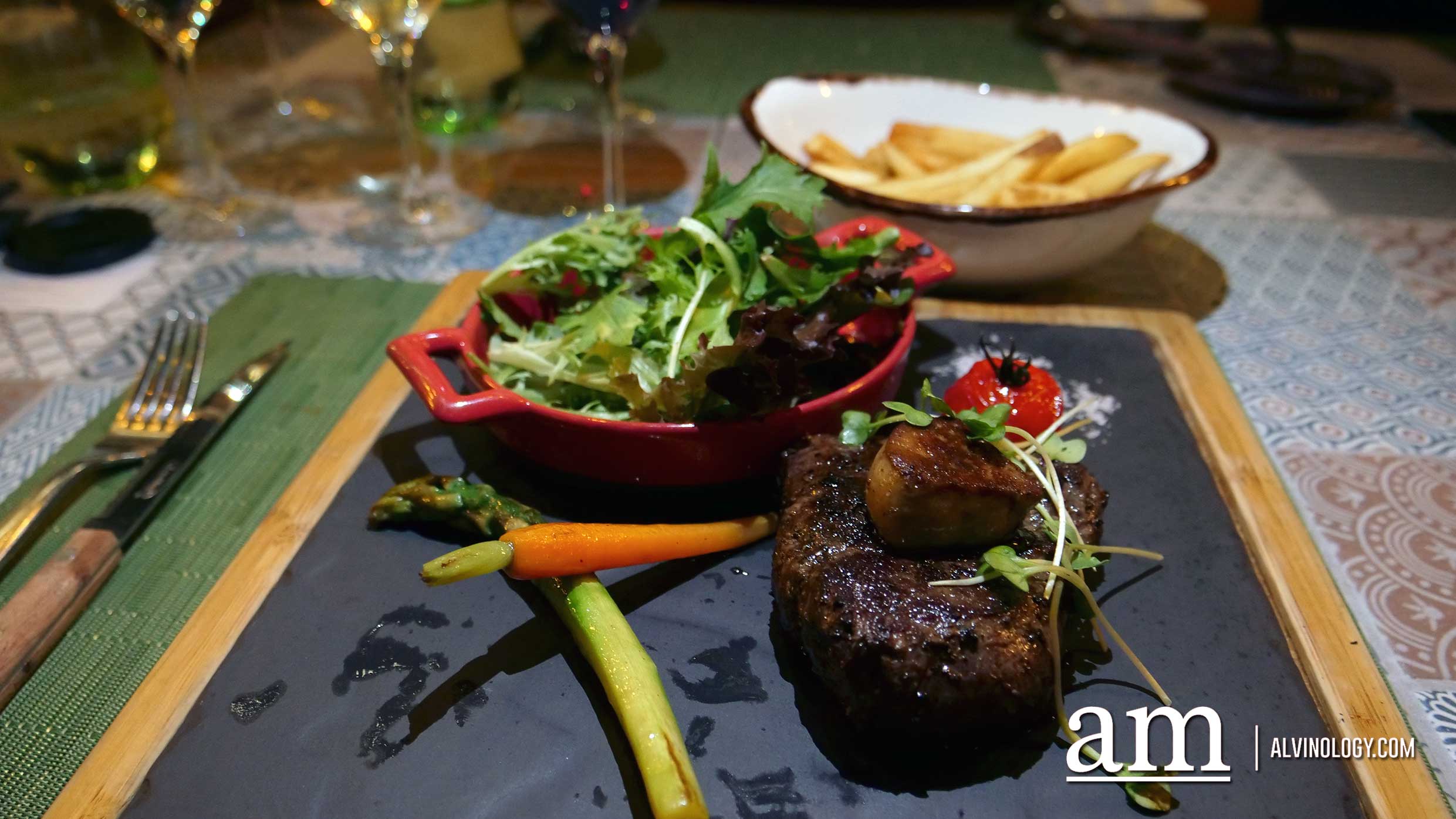 Winestone at Novotel Singapore on Stevens Beef Tenderloin 250g (sampling half portion) - 150-days grain-fed MS2+ beef tenderloin evenly-seared and served with foie gras, vine tomatoes and asparagus with a side of handmade green peppercorn sauce, $87