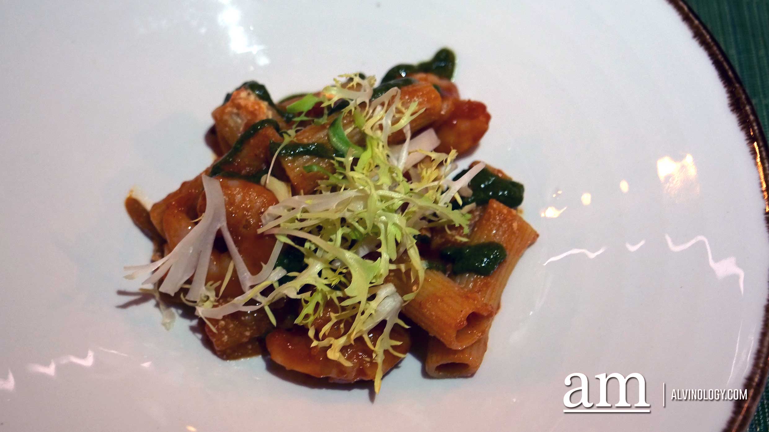 Winestone at Novotel Singapore on Stevens Rigatoni Prawn - fresh prawns with rigatoni, smoked-roasted capsicums and mixed with rich-tempered tomato parmesan sauce, $26