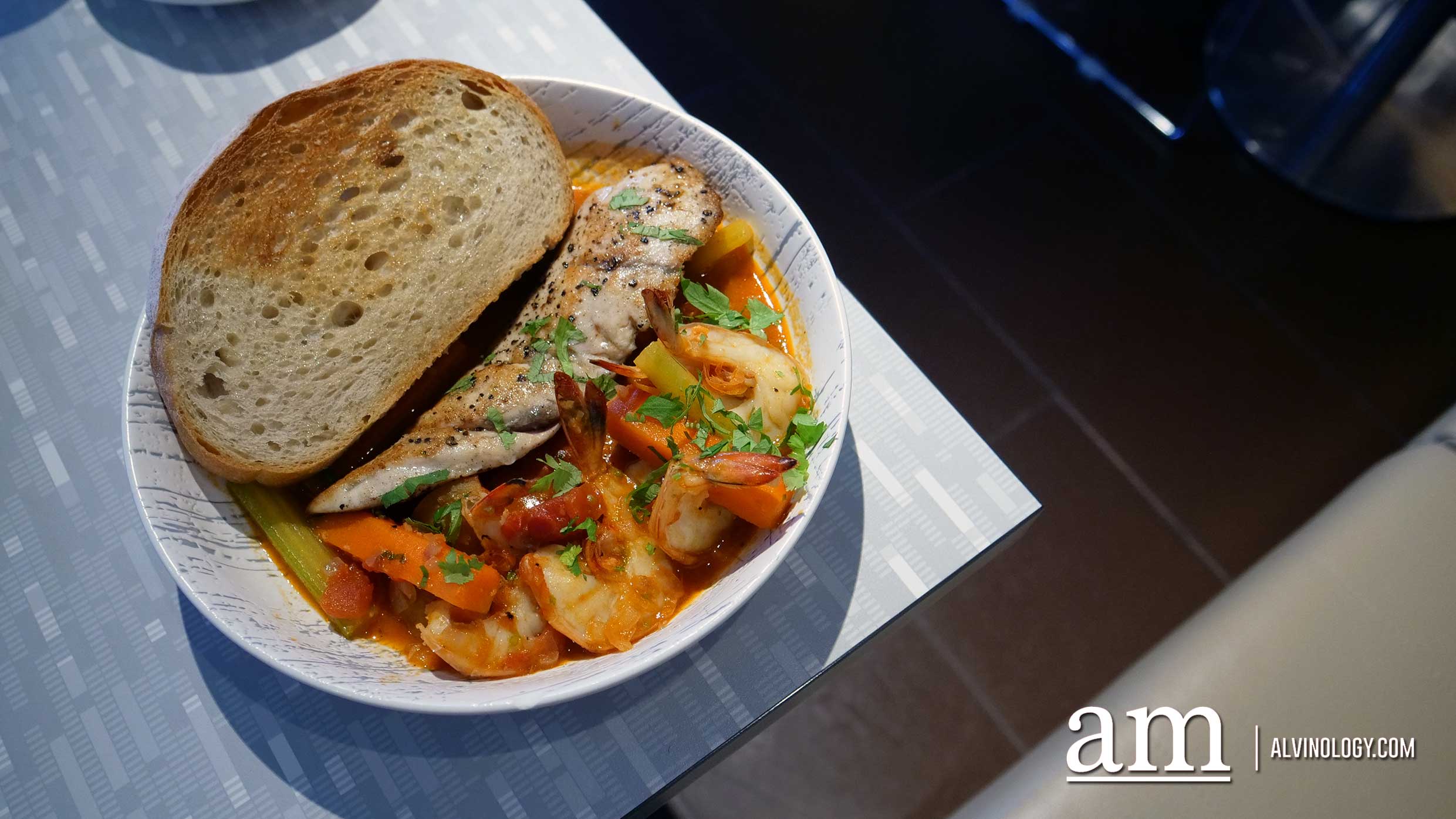 Seafood Casserole (S$22) - Barramundi, prawn, carrot, celery, potato, saffron, tomato sauce