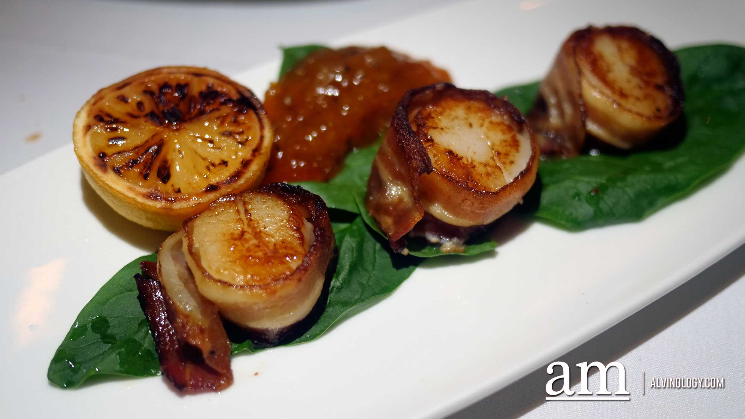 6. Broiled Sea Scallops wrapped in Bacon with Apricot Chutney